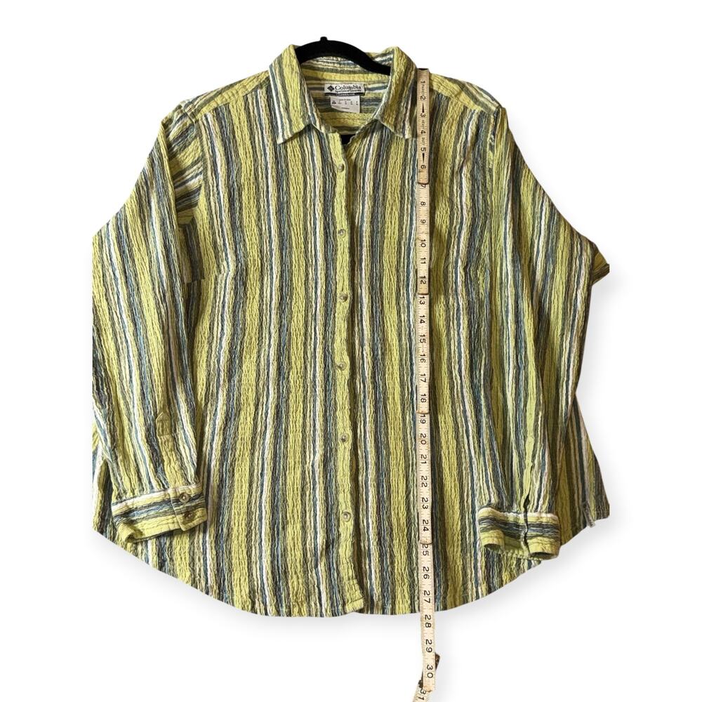 Columbia Crinkle Longsleeve Button-Down Shirt, Green/Blue/White, Women's 1X